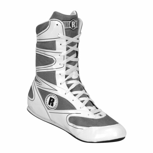 White and gray boxing boot with high-top design.