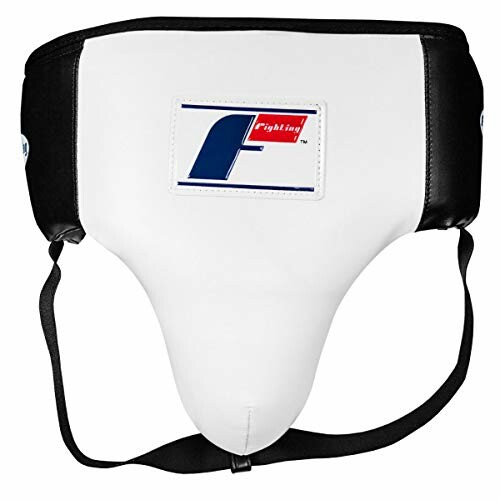 White groin protector with black straps and logo