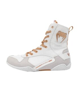 White high-top boxing shoe with brown laces and logo