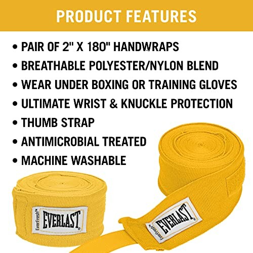 Yellow boxing handwraps with product features listed.